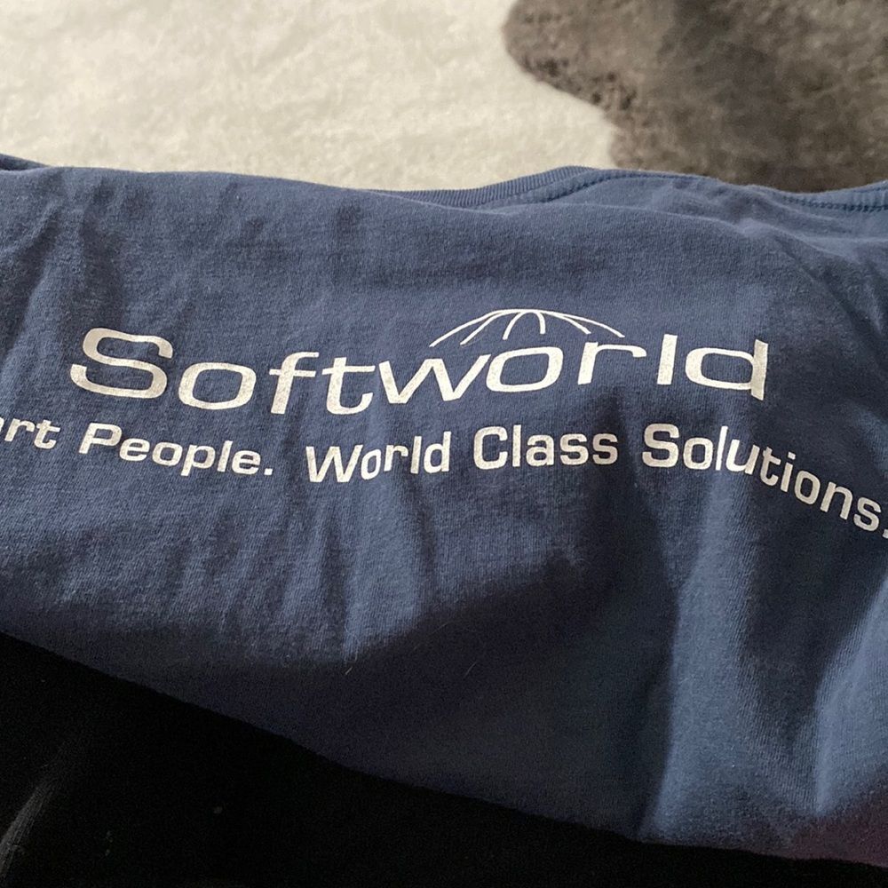 Navy color T-shirt that says soft world on it size large front and back imprint